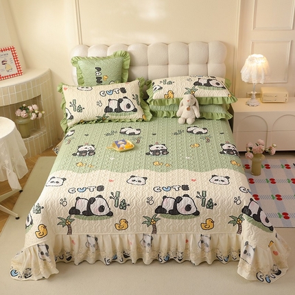 91家纺网 家纺一手货源 找家纺 美达家纺2025新款全棉蕾丝边单床盖四件套 熊猫戏水