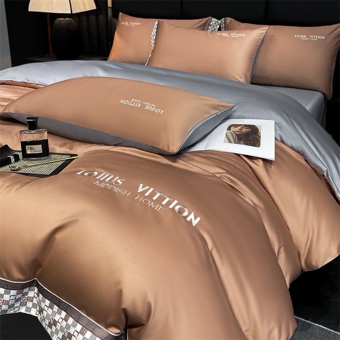 91家纺网 家纺一手货源 找家纺 瑞驰家纺 2025新款长绒棉绣花棋盘格系列四件套 棋盘格-摩卡橙