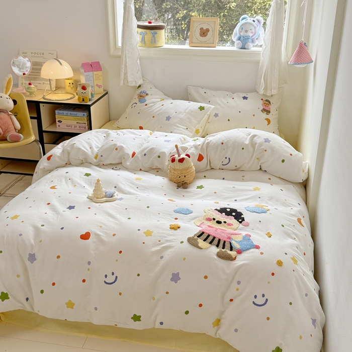 91家纺网 家纺一手货源 找家纺 澳萝拉2025春夏新款全棉纯棉双层纱毛巾绣四件套 晚安小熊