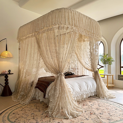 都市缘蚊帐 2025新款针织电脑绣花布U型导轨蚊帐A303 303可可庄园-奶油杏