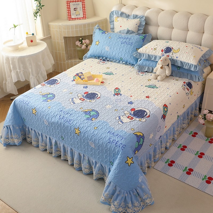 91家纺网 家纺一手货源 找家纺 美达家纺2025新款全棉蕾丝边单床盖 太空卫士