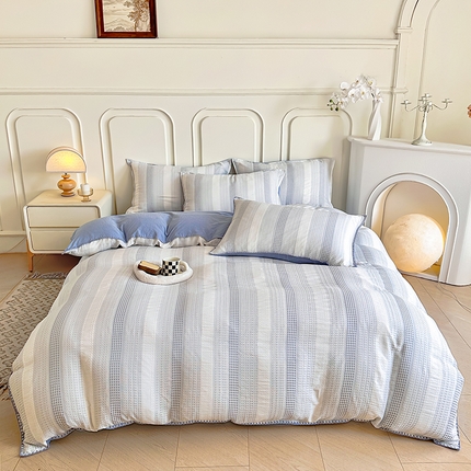 91家纺网 家纺一手货源 找家纺 木子家纺 2025新款水洗棉贝壳边四件套-锦绣前程系列 海天蓝