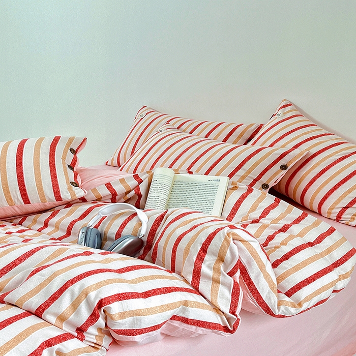 91家纺网 家纺一手货源 找家纺 睡美美 2025新款加厚色织水洗棉印染条纹四件套 香草嫩粉