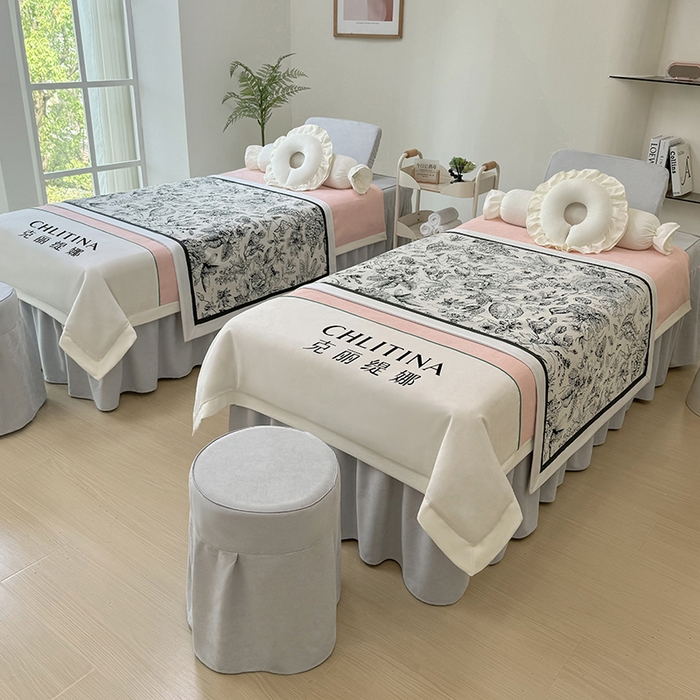 91家纺网 家纺一手货源 找家纺 不打烊家纺 2025新款贡棉美 容床罩印花款-梦之语（支持logo定制）梦之语玉色拼灰色