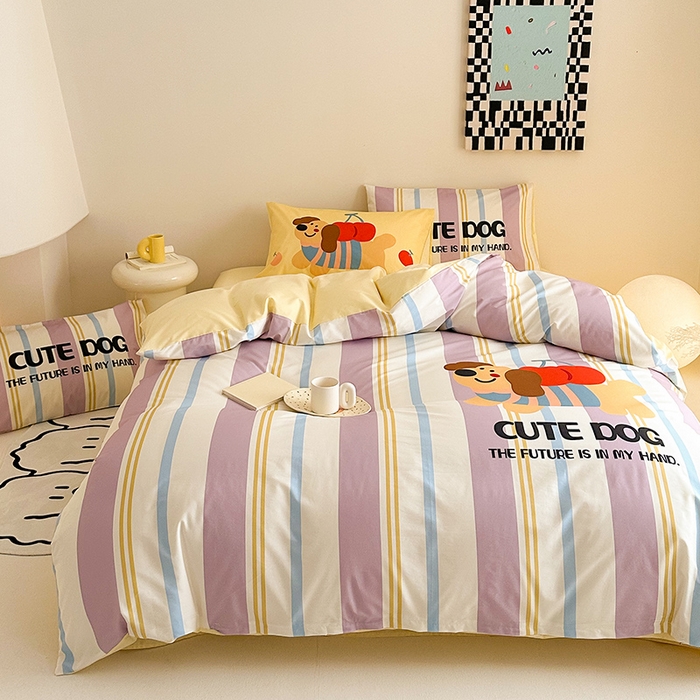 91家纺网 家纺一手货源 找家纺 典曼家纺 2025新款 AB版活性印花四件套 可爱小狗（紫）