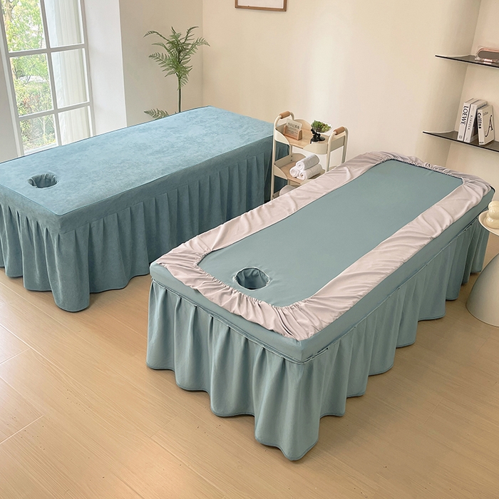 91家纺网 家纺一手货源 找家纺 不打烊家纺 2025新款贡棉美 容床罩印花款-梦之语（支持logo定制）梦之语灰色拼绿色