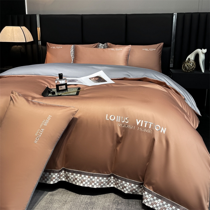 91家纺网 家纺一手货源 找家纺 瑞驰家纺 2025新款长绒棉绣花棋盘格系列四件套 棋盘格-摩卡橙