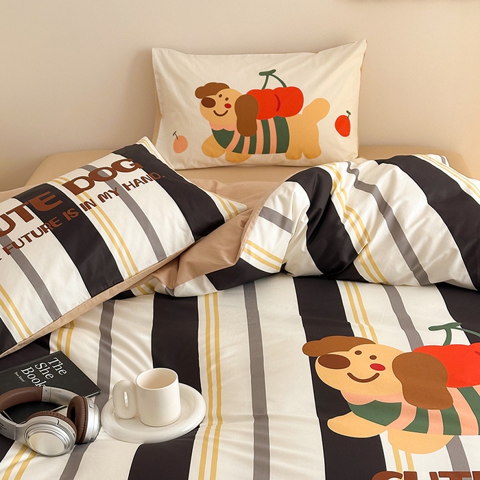 91家纺网 家纺一手货源 找家纺 典曼家纺 2025新款 AB版活性印花四件套 可爱小狗（黑）