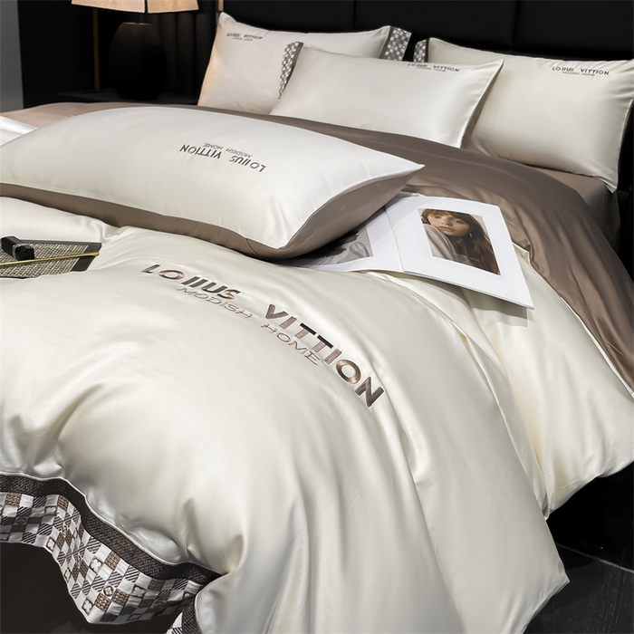 91家纺网 家纺一手货源 找家纺 瑞驰家纺 2025新款长绒棉绣花棋盘格系列四件套 棋盘格-米黄咖