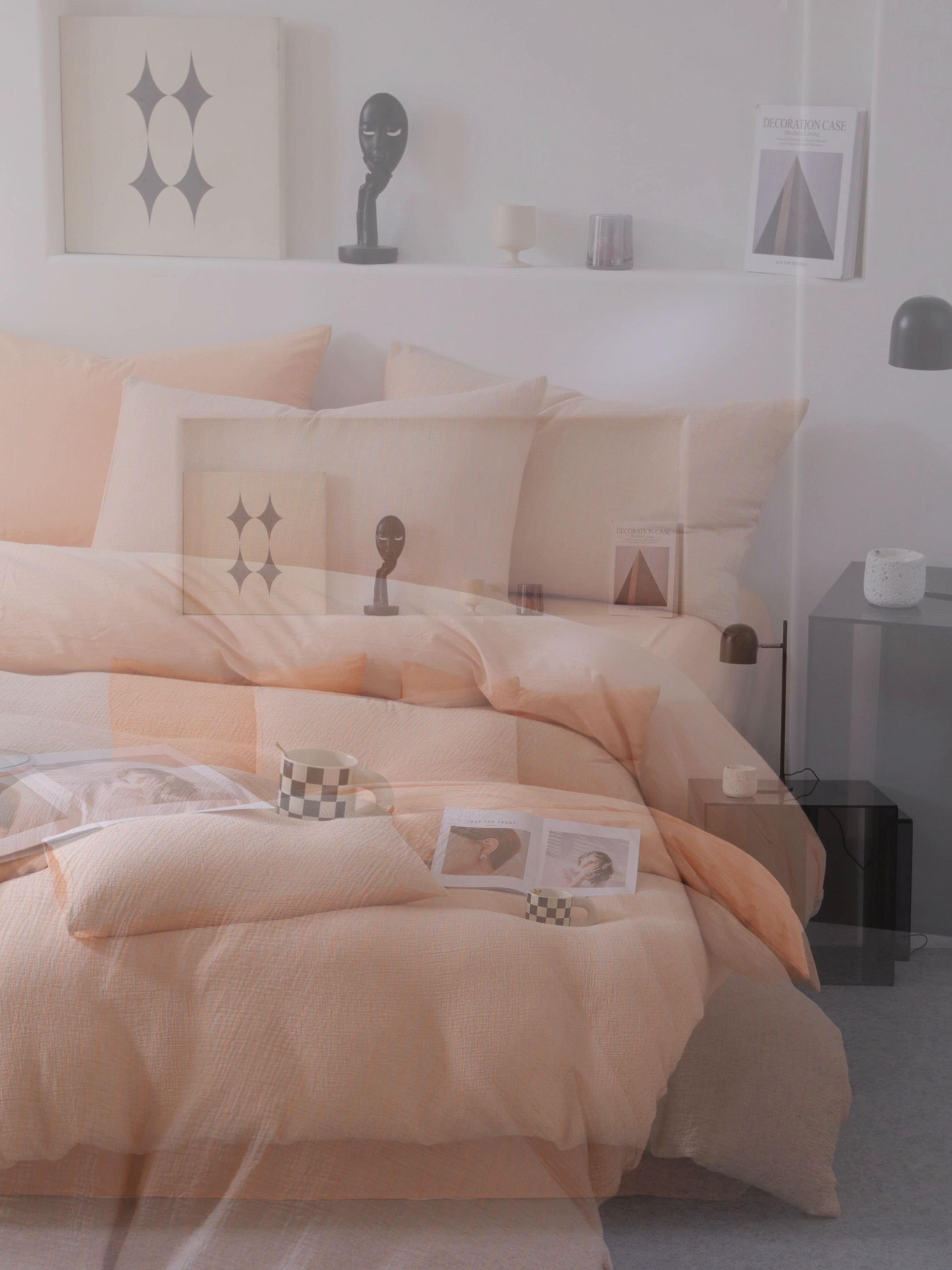 91家纺网 家纺一手货源 找家纺 AB家纺 2025新款三层款皱皱纱条纹四件套 小半-桔黄