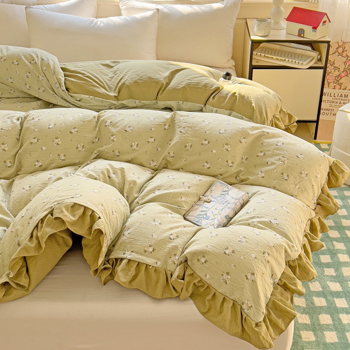 91家纺网 家纺一手货源 找家纺 纽缦家纺 2025新款云感提花双层纱韩版被套 日落暮年绿