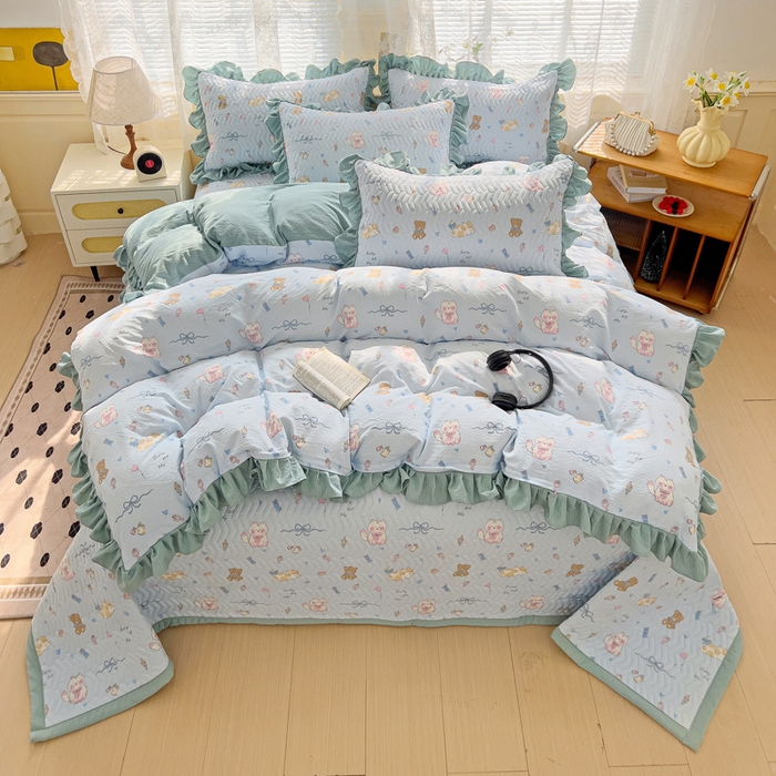 91家纺网 家纺一手货源 找家纺 纽缦家纺2025新款云感提花双层纱床盖韩版四件套 小猫时光蓝