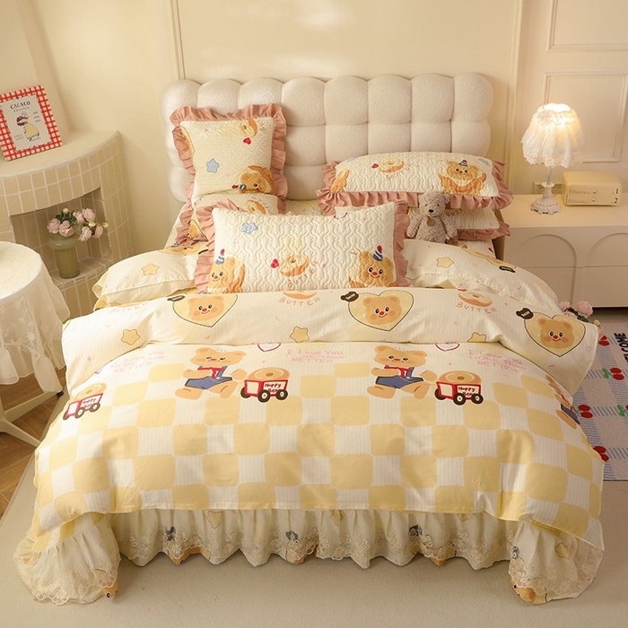 91家纺网 家纺一手货源 找家纺 美达家纺2025新款全棉蕾丝边单床盖四件套 黄油小熊