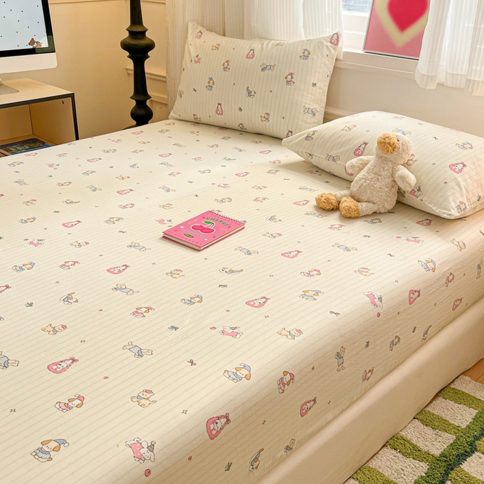 91家纺网 家纺一手货源 找家纺 博雅 2025新款全棉A类双层纱床笠 哈哈狗