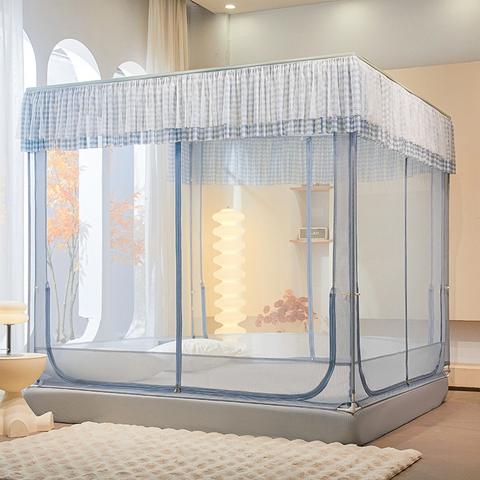 91家纺网 家纺一手货源 找家纺 青竹苑2025新款花边款床笠底防摔坐床蚊帐-格格巫 格格巫-蓝灰