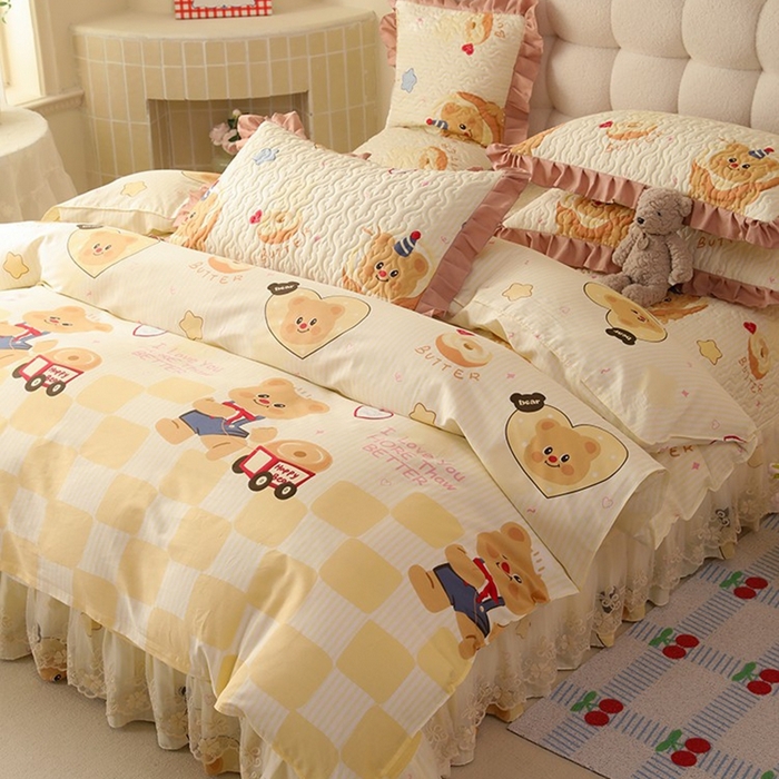 91家纺网 家纺一手货源 找家纺 美达家纺2025新款全棉蕾丝边单床盖四件套 黄油小熊