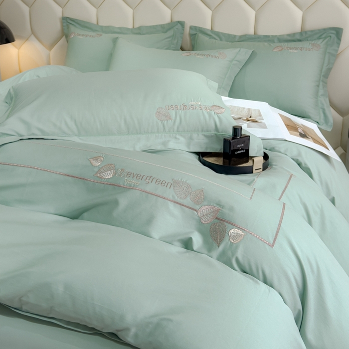 91家纺网 家纺一手货源 找家纺 U品汇  2025新款纯棉全棉长绒棉刺绣绣花高端礼盒四件套-叶夕 花晨叶夕-冰川绿