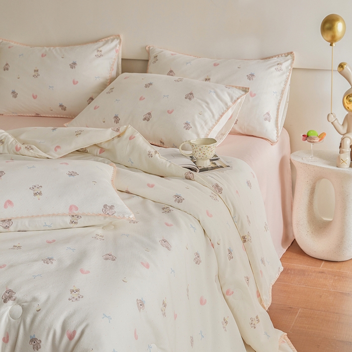 91家纺网 家纺一手货源 找家纺 暖阳 2025年新款大豆双层纱夏被四件套 美娜