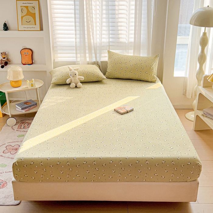 91家纺网 家纺一手货源 找家纺 纽缦家纺 2025新款云感提花双层纱床笠 落日暮年绿