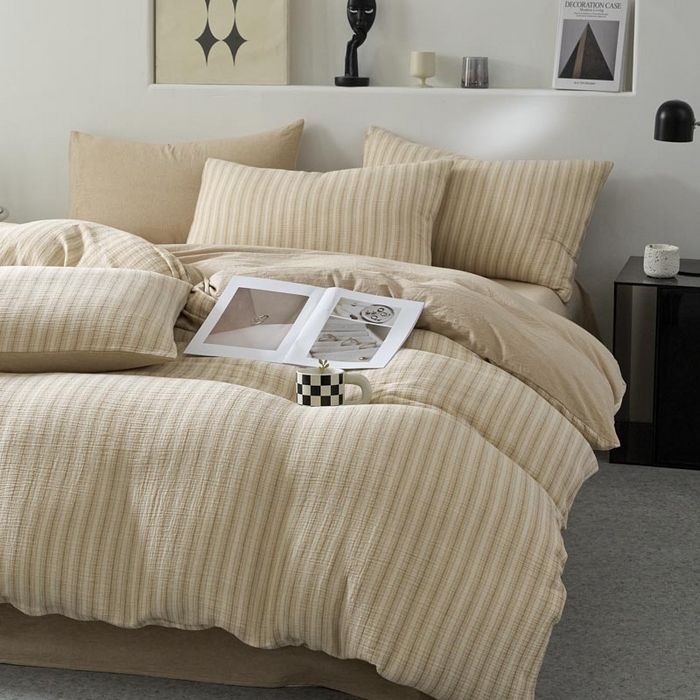 91家纺网 家纺一手货源 找家纺 AB家纺 2025新款三层款皱皱纱条纹四件套 小半-奶茶棕