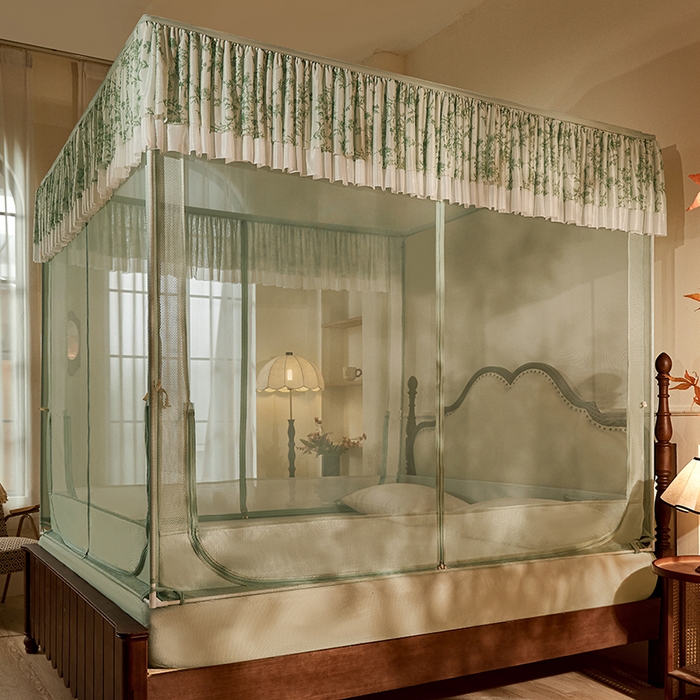 91家纺网 家纺一手货源 找家纺 青竹苑2025新款花边款床笠底防摔坐床蚊帐-伊甸园 伊甸园-瓦松绿