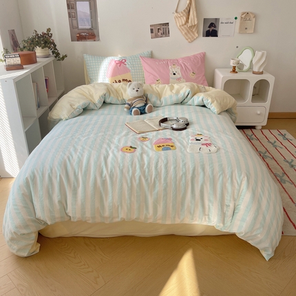 91家纺网 家纺一手货源 找家纺 （总）桃子家居2025新款A类ins纯棉数码印花毛巾绣印加绣色织水洗棉系列四件套