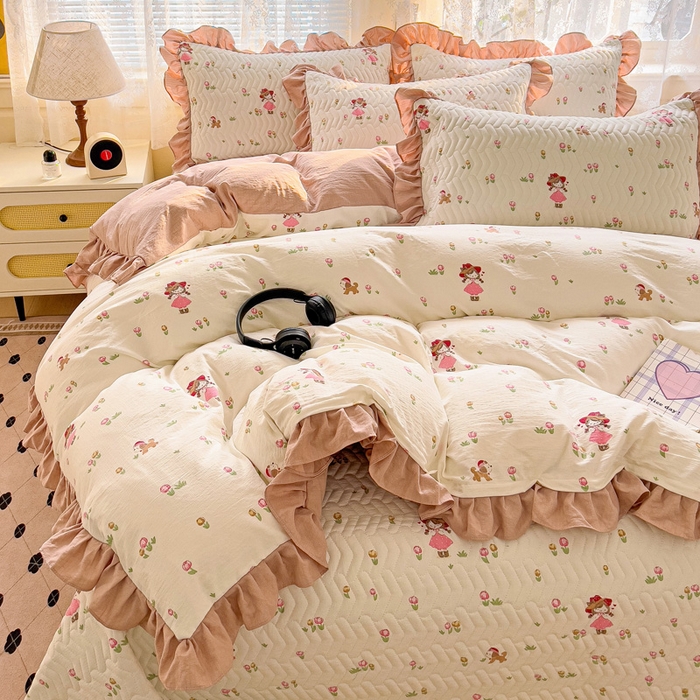 91家纺网 家纺一手货源 找家纺 纽缦家纺2025新款云感提花双层纱床盖韩版四件套 蜜糖之恋