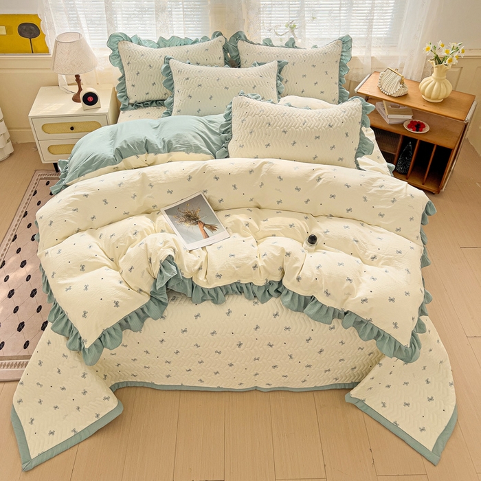 91家纺网 家纺一手货源 找家纺 纽缦家纺2025新款云感提花双层纱床盖韩版四件套 相思蓝