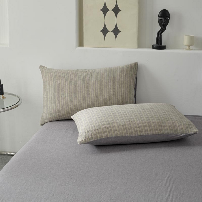 91家纺网 家纺一手货源 找家纺 AB家纺 2025新款三层款皱皱纱条纹四件套 小半-亚麻棕