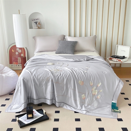 优姿家纺 2025新款60S莱赛尔绣花镂空夏被2 灰色