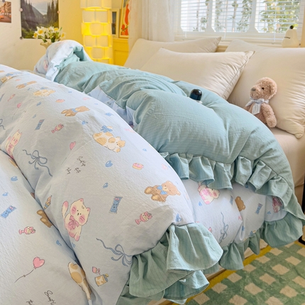 纽缦家纺 2025新款云感提花双层纱韩版被套 小猫时光蓝