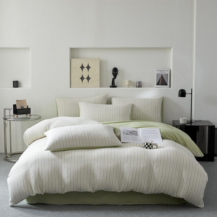 91家纺网 家纺一手货源 找家纺 AB家纺 2025新款三层款皱皱纱条纹四件套 小半-浅绿