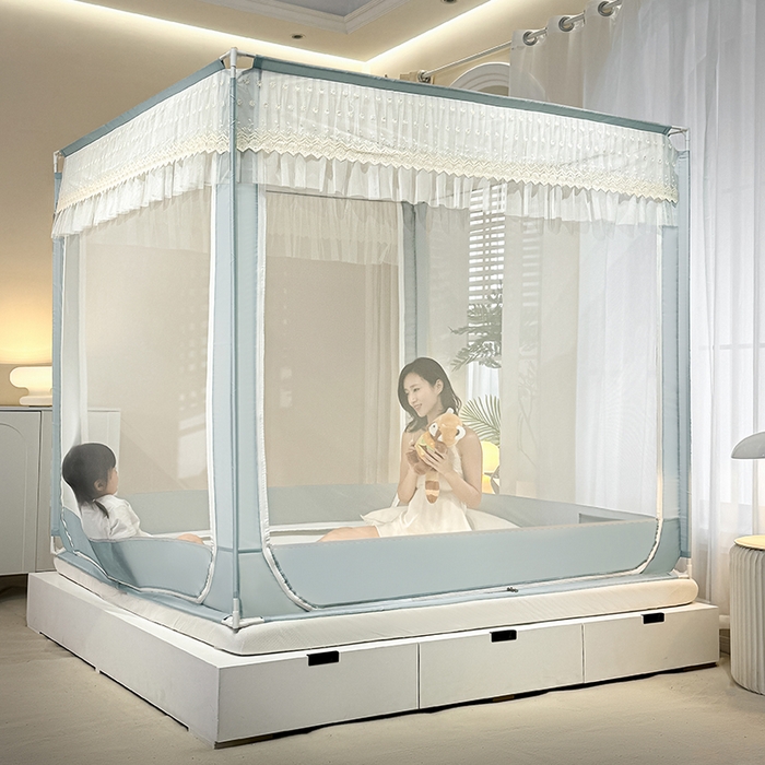 91家纺网 家纺一手货源 找家纺 青竹苑2025新款花边款床笠底防摔坐床蚊帐-铃兰花开 铃兰花开-蓝灰