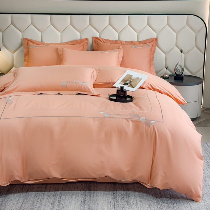 91家纺网 家纺一手货源 找家纺 U品汇  2025新款纯棉全棉长绒棉刺绣绣花高端礼盒四件套-叶夕 花晨叶夕-西柚色