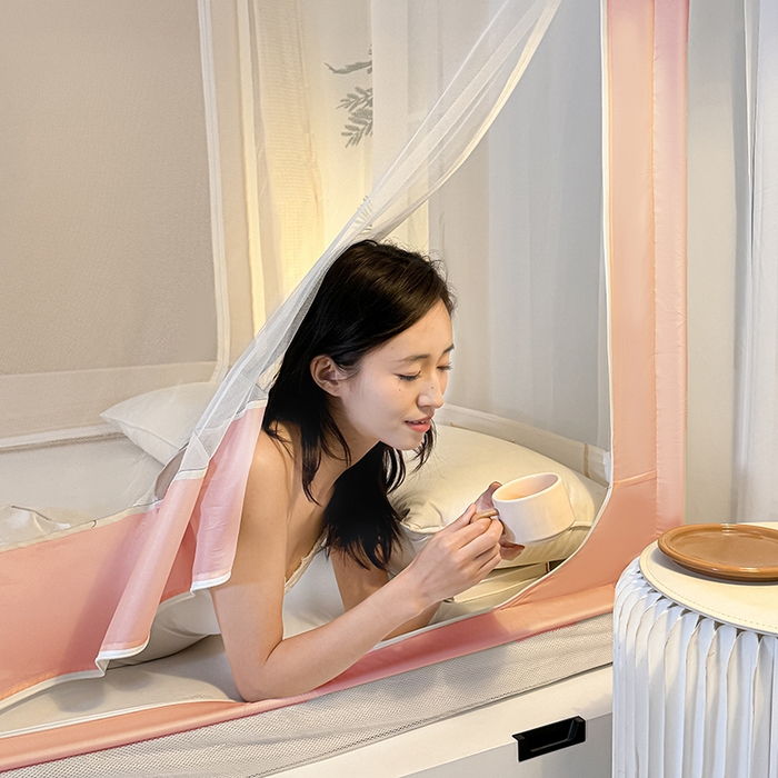 91家纺网 家纺一手货源 找家纺 青竹苑2025新款花边款床笠底防摔坐床蚊帐-铃兰花开 铃兰花开-珊瑚粉