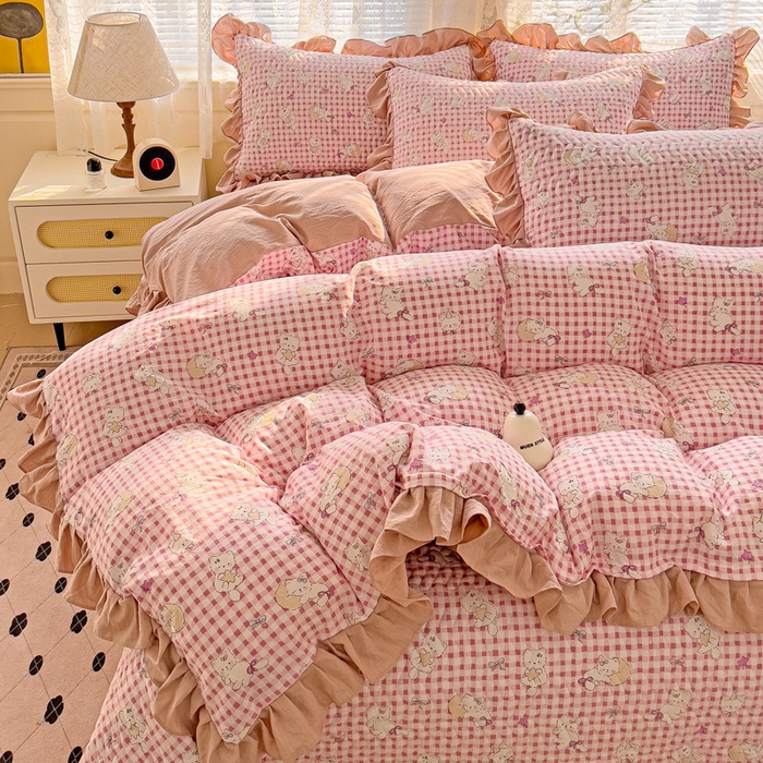 91家纺网 家纺一手货源 找家纺 纽缦家纺2025新款云感提花双层纱床盖韩版四件套 猫猫晚宴