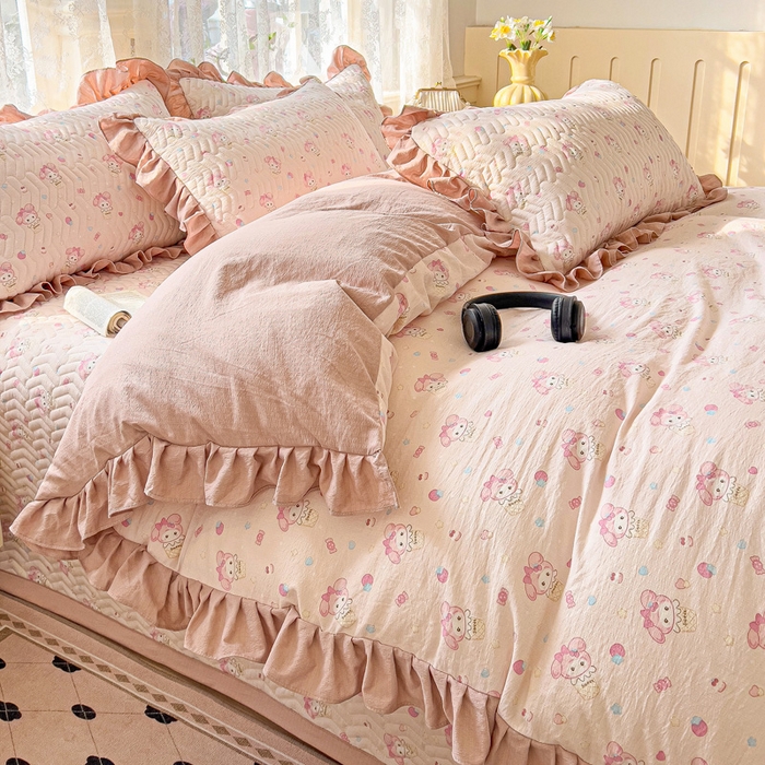 91家纺网 家纺一手货源 找家纺 纽缦家纺2025新款云感提花双层纱床盖韩版四件套 小鸥鸥