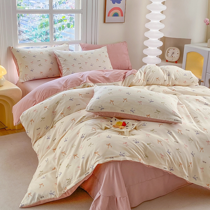 91家纺网 家纺一手货源 找家纺 富缦庭2025新款A类针织双层纱四件套彩色蝴蝶结