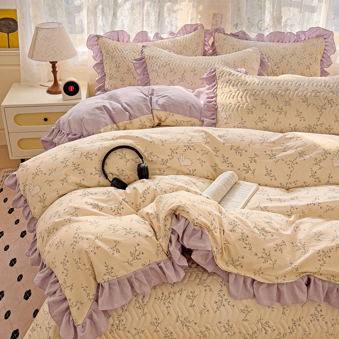 91家纺网 家纺一手货源 找家纺 纽缦家纺2025新款云感提花双层纱床盖韩版四件套 森田野园