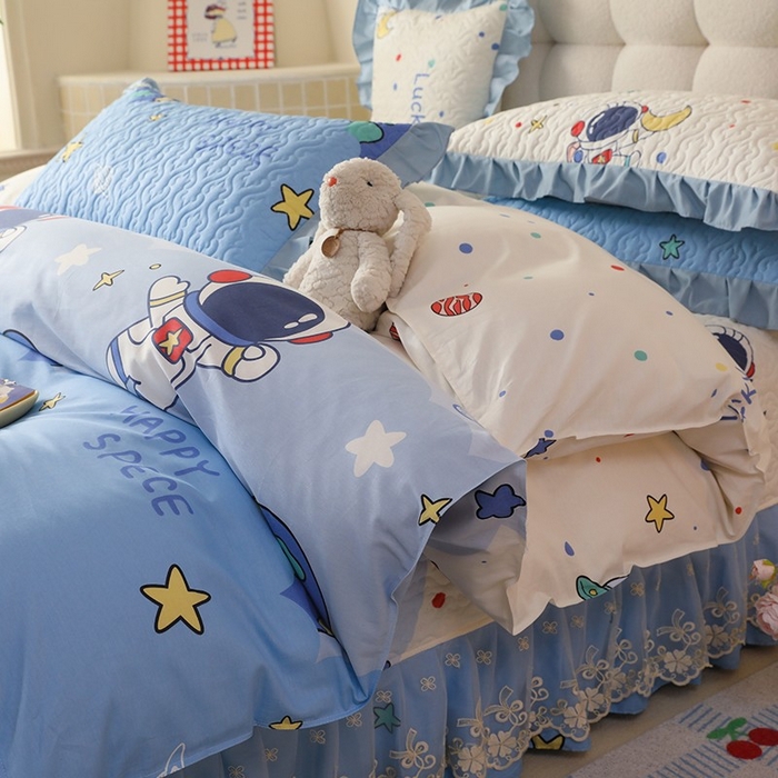 91家纺网 家纺一手货源 找家纺 美达家纺2025新款全棉蕾丝边单床盖四件套 太空卫士