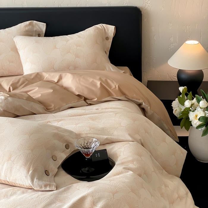 91家纺网 家纺一手货源 找家纺 旷野 2025新款全棉色织提花四件套 银杏-奶咖