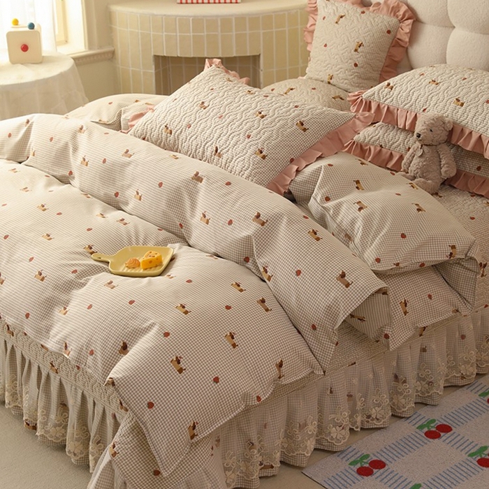 91家纺网 家纺一手货源 找家纺 美达家纺2025新款全棉蕾丝边单床盖四件套 快乐追梦