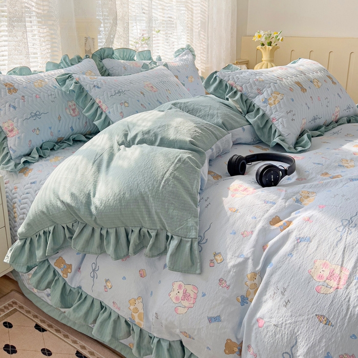 91家纺网 家纺一手货源 找家纺 纽缦家纺2025新款云感提花双层纱床盖韩版四件套 小猫时光蓝