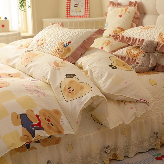 91家纺网 家纺一手货源 找家纺 美达家纺2025新款全棉蕾丝边单床盖四件套 黄油小熊