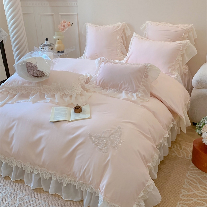 91家纺网 家纺一手货源 找家纺 吾欢心2025新款糯小棉立体蝴蝶花边套件-蝶恋花系列 蝶恋花粉