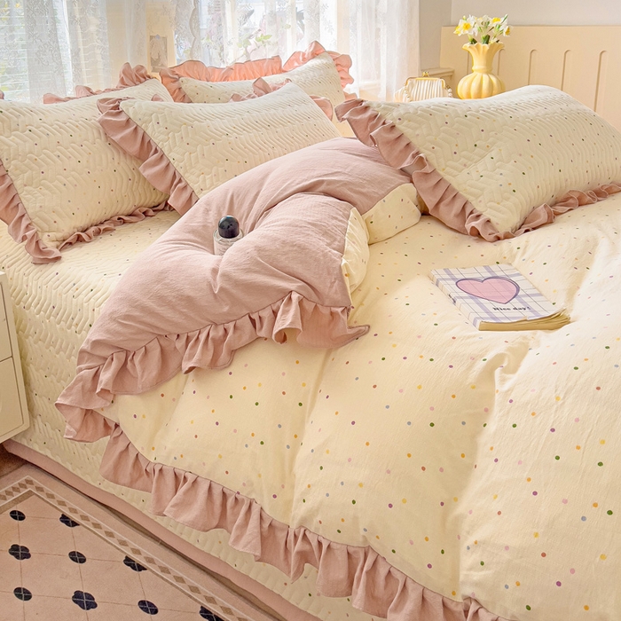 91家纺网 家纺一手货源 找家纺 纽缦家纺2025新款云感提花双层纱床盖韩版四件套 波点世界