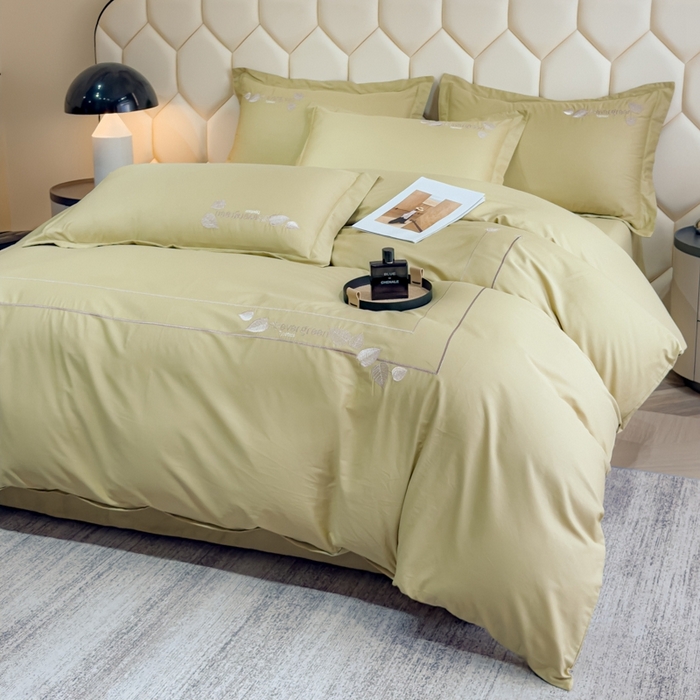 91家纺网 家纺一手货源 找家纺 U品汇  2025新款纯棉全棉长绒棉刺绣绣花高端礼盒四件套-叶夕 花晨叶夕-浅豆绿