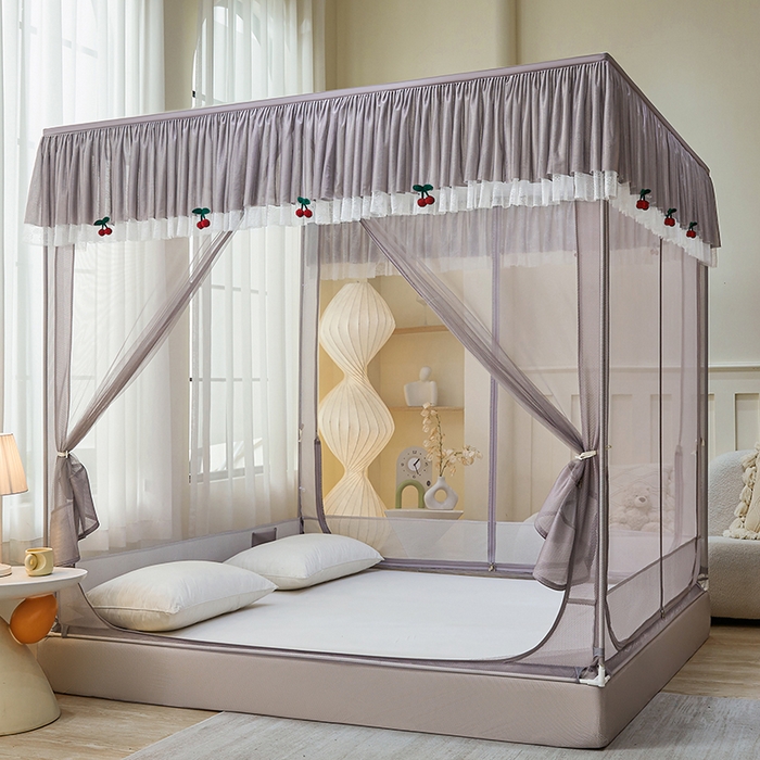 91家纺网 家纺一手货源 找家纺 青竹苑2025新款花边款床笠底防摔坐床蚊帐-樱桃 樱桃-棕咖