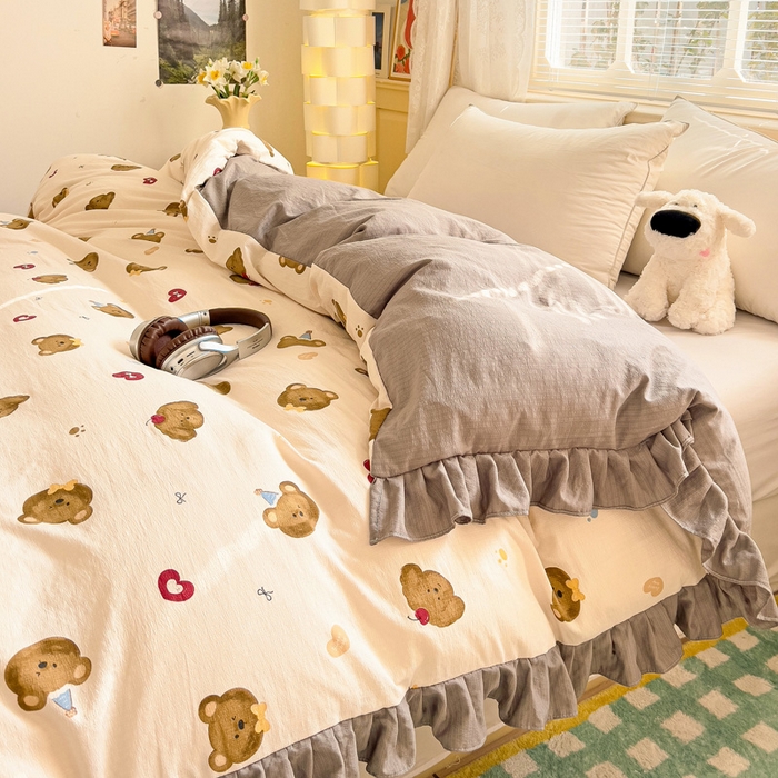 91家纺网 家纺一手货源 找家纺 纽缦家纺 2025新款云感提花双层纱韩版被套 奇妙小熊米