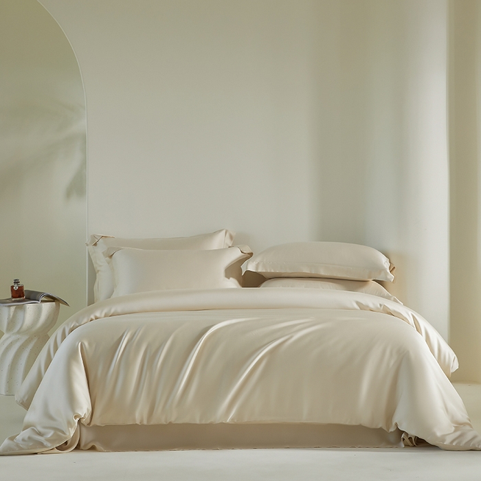 91家纺网 家纺一手货源 找家纺 618家纺 2025新款60SA类100支纯色系列进口兰精天丝四件套 奶米杏